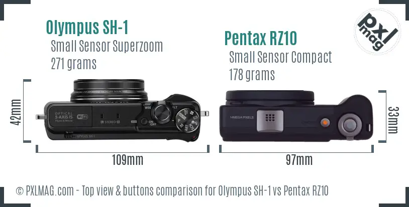 Olympus SH-1 vs Pentax RZ10 top view buttons comparison