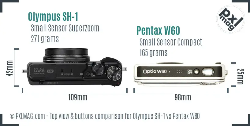 Olympus SH-1 vs Pentax W60 top view buttons comparison