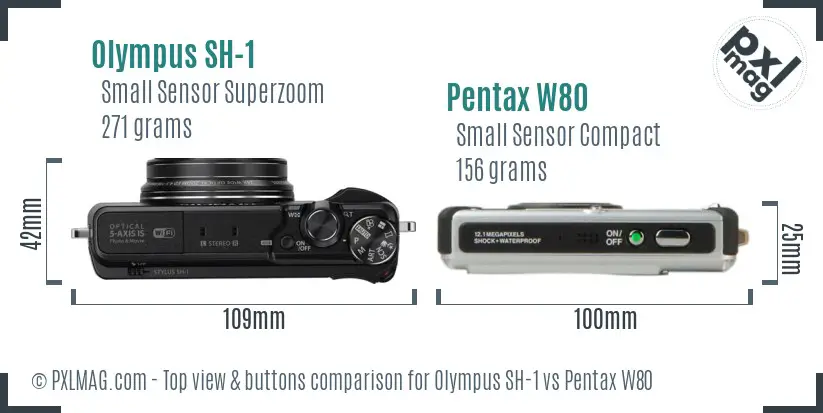 Olympus SH-1 vs Pentax W80 top view buttons comparison