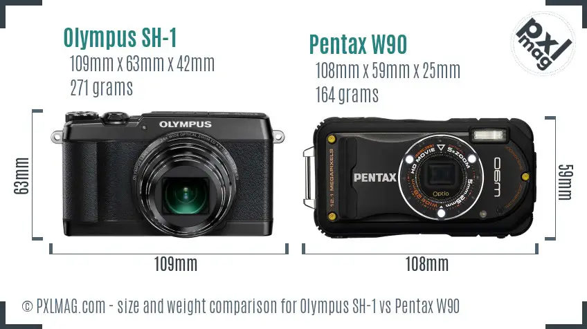 Olympus SH-1 vs Pentax W90 size comparison