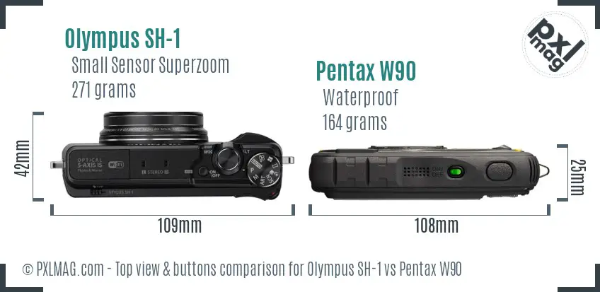 Olympus SH-1 vs Pentax W90 top view buttons comparison