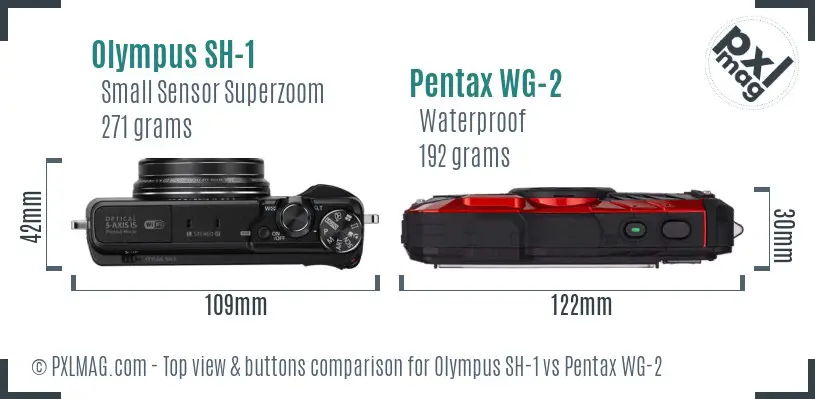Olympus SH-1 vs Pentax WG-2 top view buttons comparison