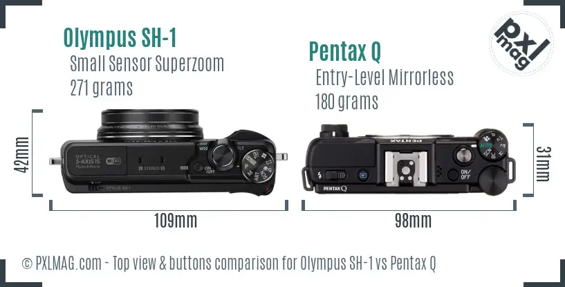 Olympus SH-1 vs Pentax Q top view buttons comparison