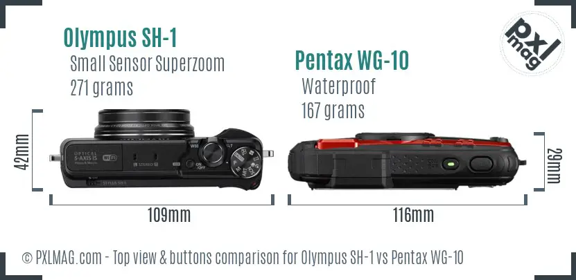 Olympus SH-1 vs Pentax WG-10 top view buttons comparison Olympus SH-1 vs Pentax WG-10 top view buttons comparison