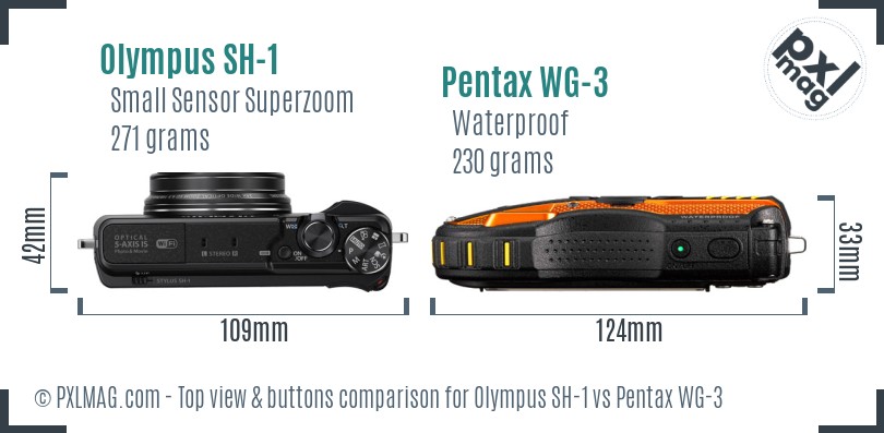 Olympus SH-1 vs Pentax WG-3 top view buttons comparison