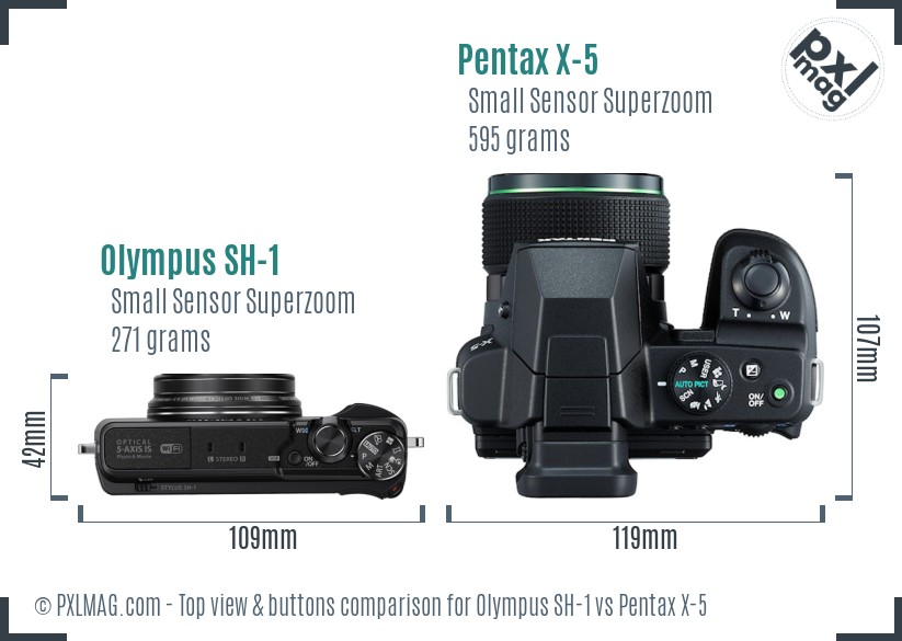 Olympus SH-1 vs Pentax X-5 top view buttons comparison