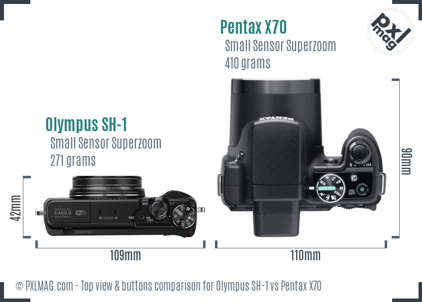Olympus SH-1 vs Pentax X70 top view buttons comparison