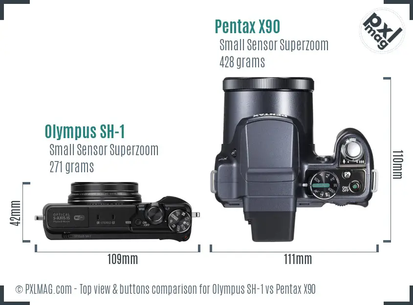 Olympus SH-1 vs Pentax X90 top view buttons comparison Olympus SH-1 vs Pentax X90 top view buttons comparison