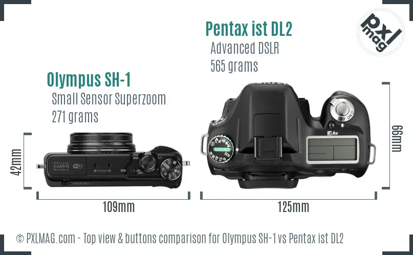 Olympus SH-1 vs Pentax ist DL2 top view buttons comparison