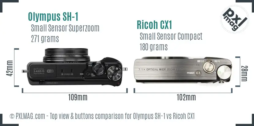 Olympus SH-1 vs Ricoh CX1 top view buttons comparison