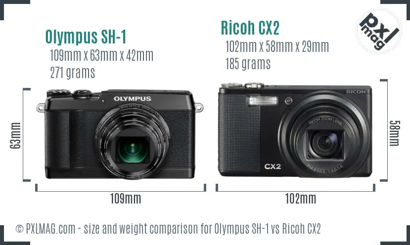 Olympus SH-1 vs Ricoh CX2 size comparison Olympus SH-1 vs Ricoh CX2 size comparison