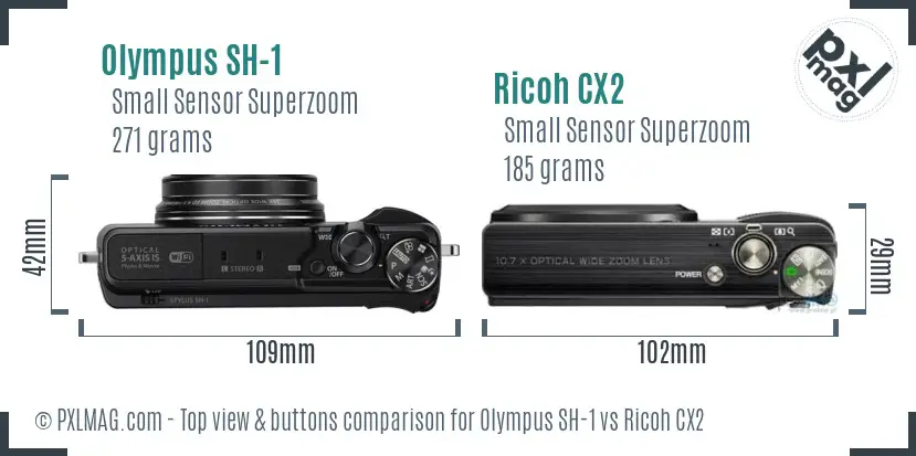 Olympus SH-1 vs Ricoh CX2 top view buttons comparison Olympus SH-1 vs Ricoh CX2 top view buttons comparison