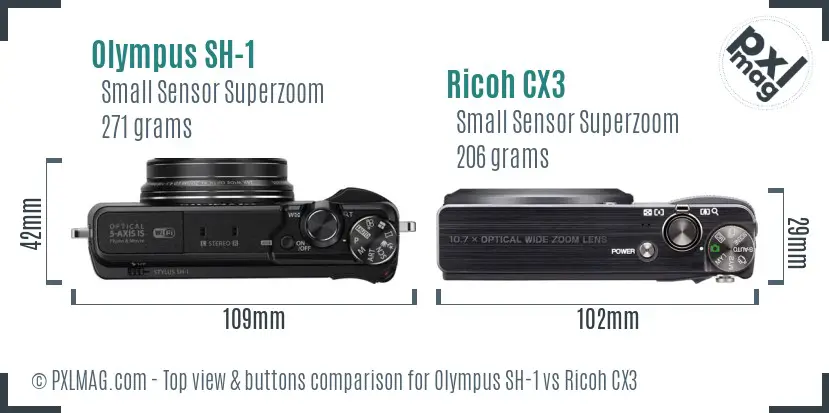 Olympus SH-1 vs Ricoh CX3 top view buttons comparison Olympus SH-1 vs Ricoh CX3 top view buttons comparison