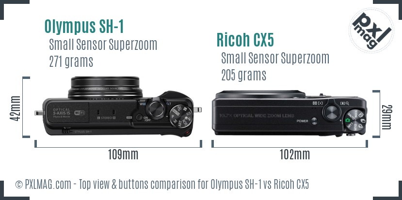 Olympus SH-1 vs Ricoh CX5 top view buttons comparison
