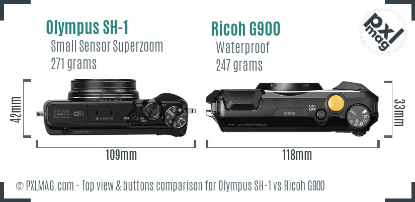 Olympus SH-1 vs Ricoh G900 top view buttons comparison