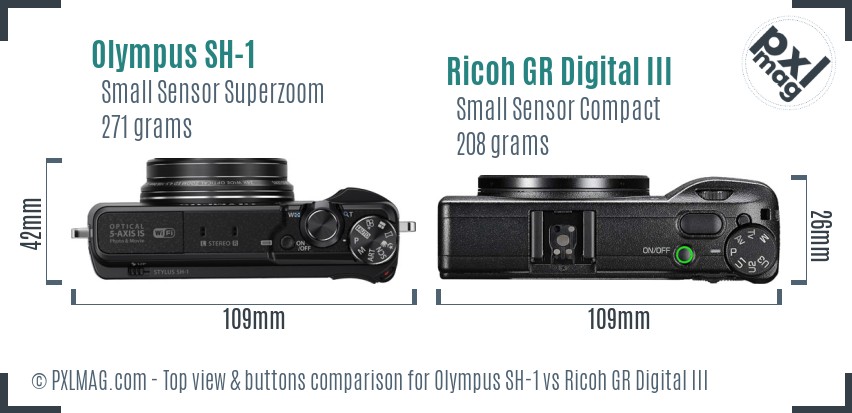 Olympus SH-1 vs Ricoh GR Digital III top view buttons comparison
