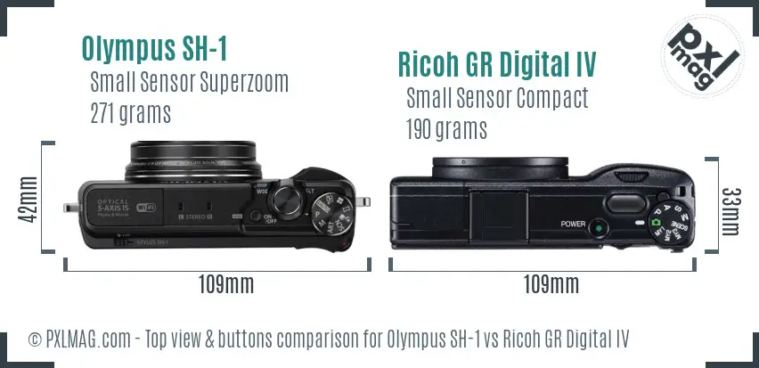 Olympus SH-1 vs Ricoh GR Digital IV top view buttons comparison