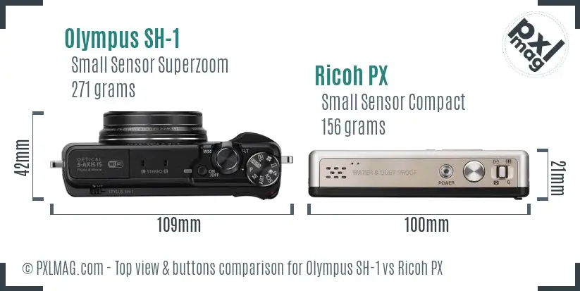 Olympus SH-1 vs Ricoh PX top view buttons comparison Olympus SH-1 vs Ricoh PX top view buttons comparison
