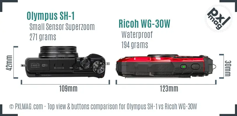 Olympus SH-1 vs Ricoh WG-30W top view buttons comparison