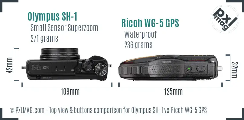 Olympus SH-1 vs Ricoh WG-5 GPS top view buttons comparison