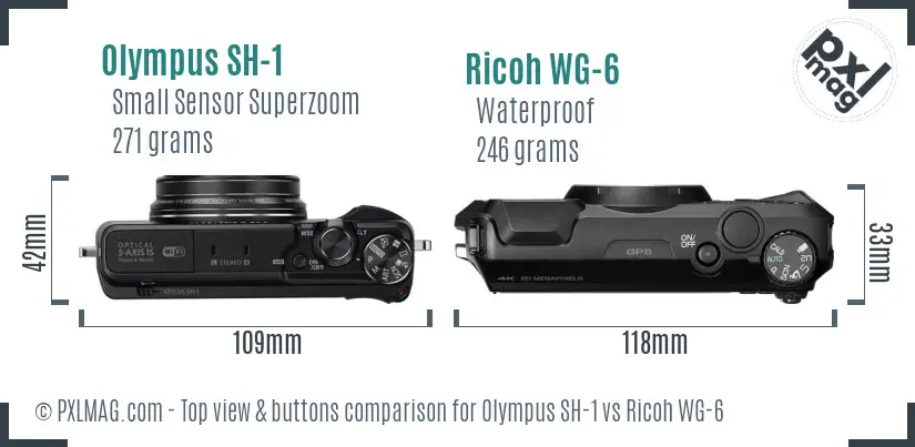 Olympus SH-1 vs Ricoh WG-6 top view buttons comparison Olympus SH-1 vs Ricoh WG-6 top view buttons comparison