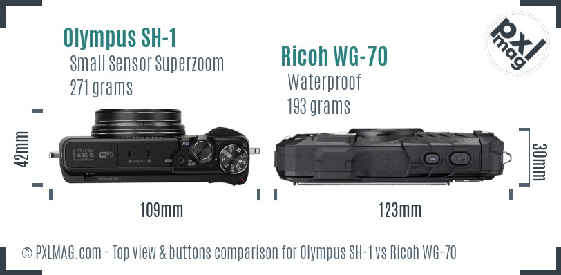 Olympus SH-1 vs Ricoh WG-70 top view buttons comparison