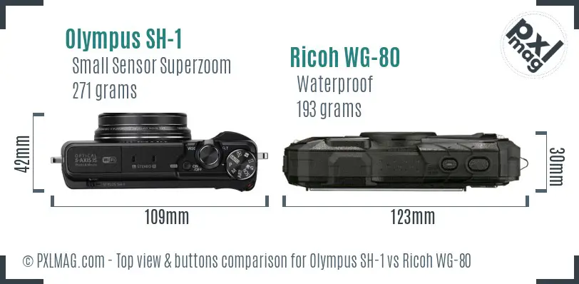 Olympus SH-1 vs Ricoh WG-80 top view buttons comparison Olympus SH-1 vs Ricoh WG-80 top view buttons comparison