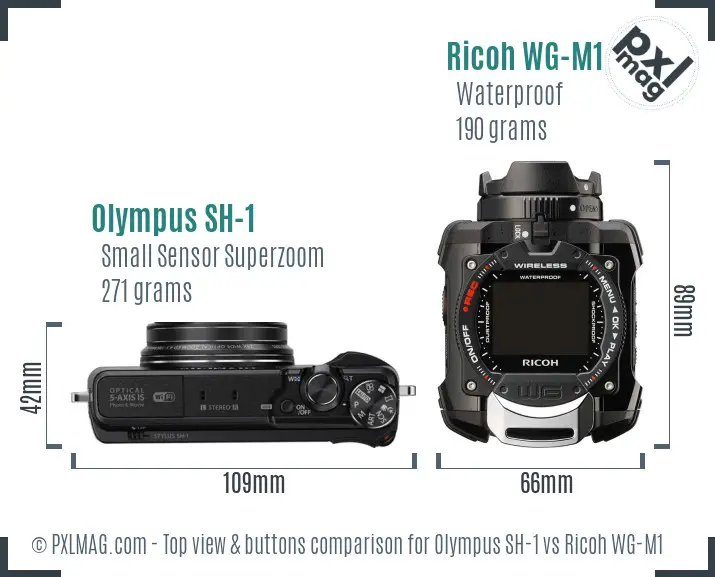 Olympus SH-1 vs Ricoh WG-M1 top view buttons comparison
