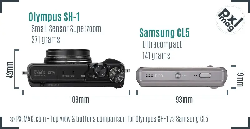 Olympus SH-1 vs Samsung CL5 top view buttons comparison Olympus SH-1 vs Samsung CL5 top view buttons comparison