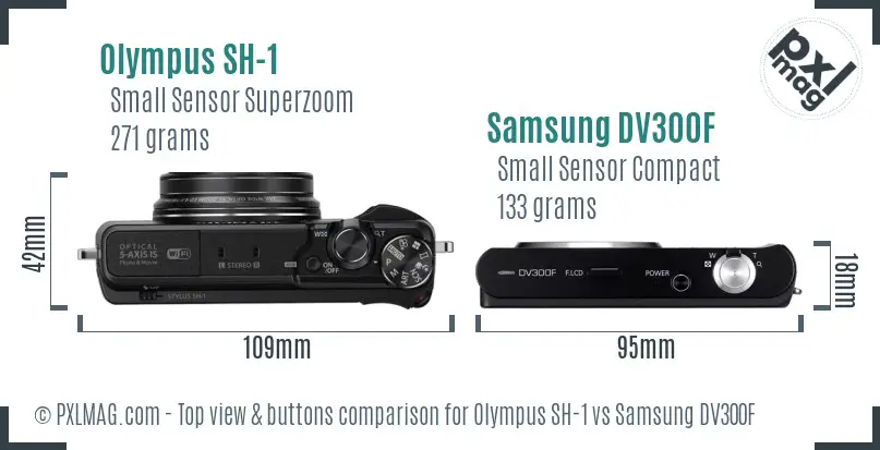 Olympus SH-1 vs Samsung DV300F top view buttons comparison