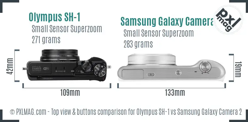 Olympus SH-1 vs Samsung Galaxy Camera 2 top view buttons comparison