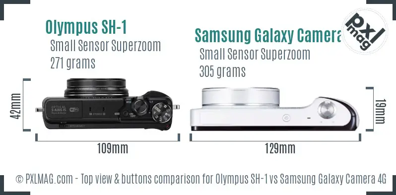 Olympus SH-1 vs Samsung Galaxy Camera 4G top view buttons comparison