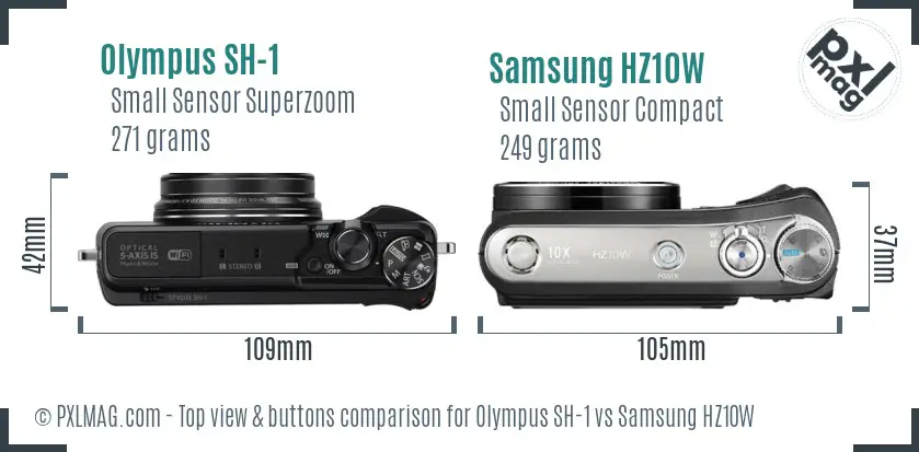 Olympus SH-1 vs Samsung HZ10W top view buttons comparison