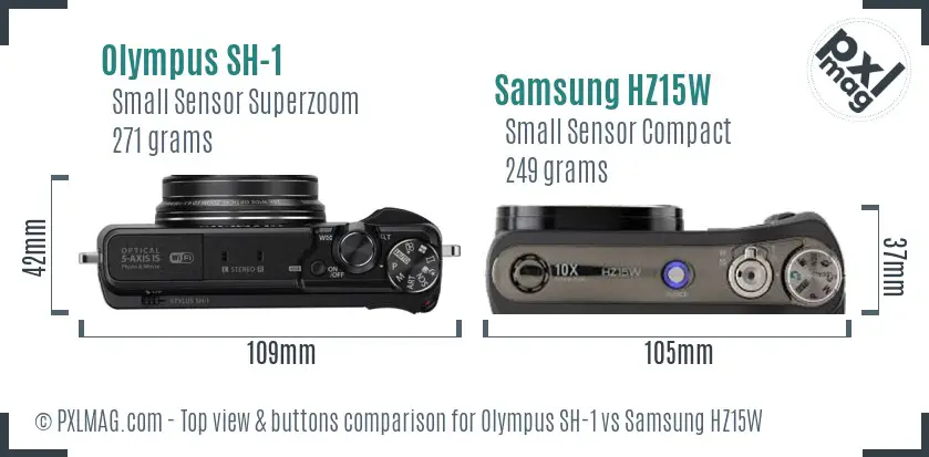 Olympus SH-1 vs Samsung HZ15W top view buttons comparison Olympus SH-1 vs Samsung HZ15W top view buttons comparison