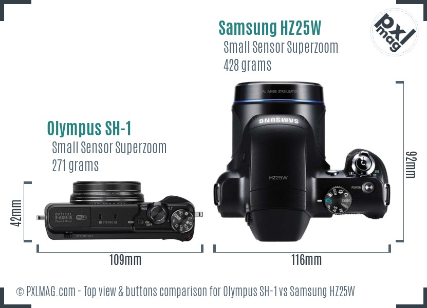 Olympus SH-1 vs Samsung HZ25W top view buttons comparison