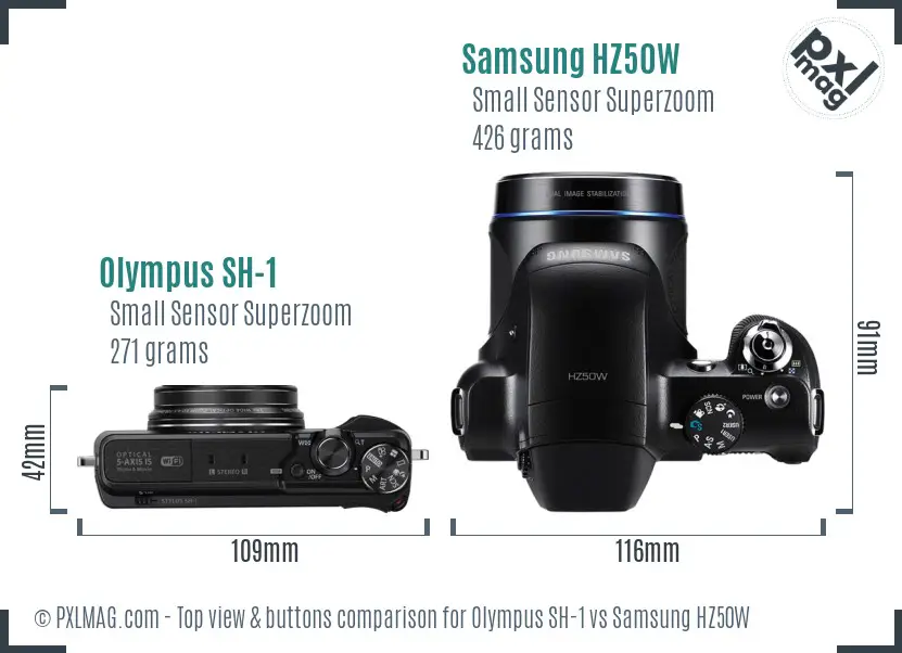 Olympus SH-1 vs Samsung HZ50W top view buttons comparison Olympus SH-1 vs Samsung HZ50W top view buttons comparison