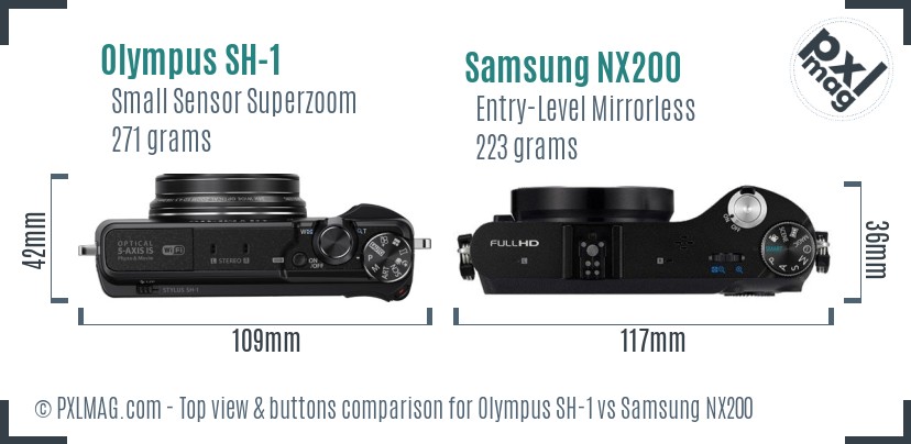 Olympus SH-1 vs Samsung NX200 top view buttons comparison