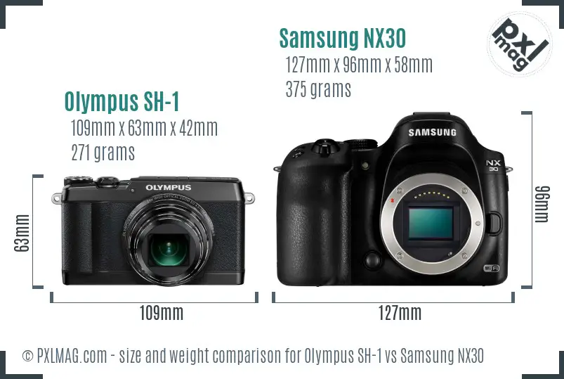 Olympus SH-1 vs Samsung NX30 size comparison Olympus SH-1 vs Samsung NX30 size comparison