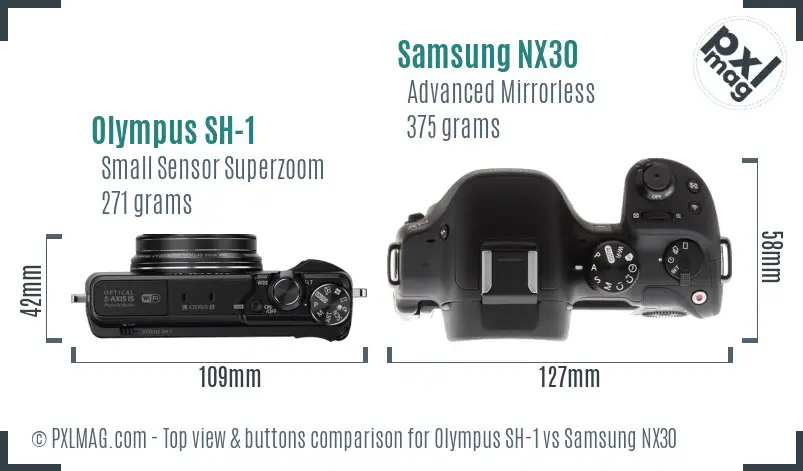 Olympus SH-1 vs Samsung NX30 top view buttons comparison Olympus SH-1 vs Samsung NX30 top view buttons comparison