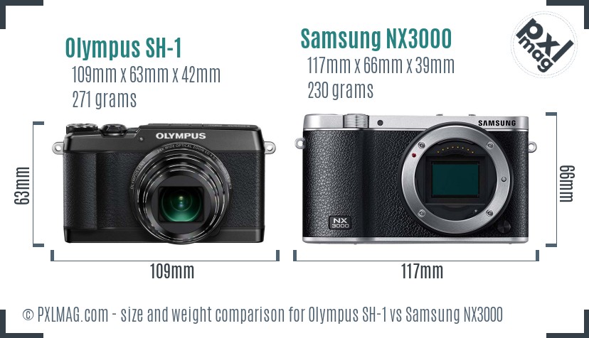 Olympus SH-1 vs Samsung NX3000 size comparison Olympus SH-1 vs Samsung NX3000 size comparison
