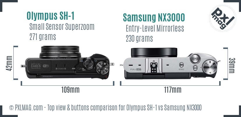 Olympus SH-1 vs Samsung NX3000 top view buttons comparison