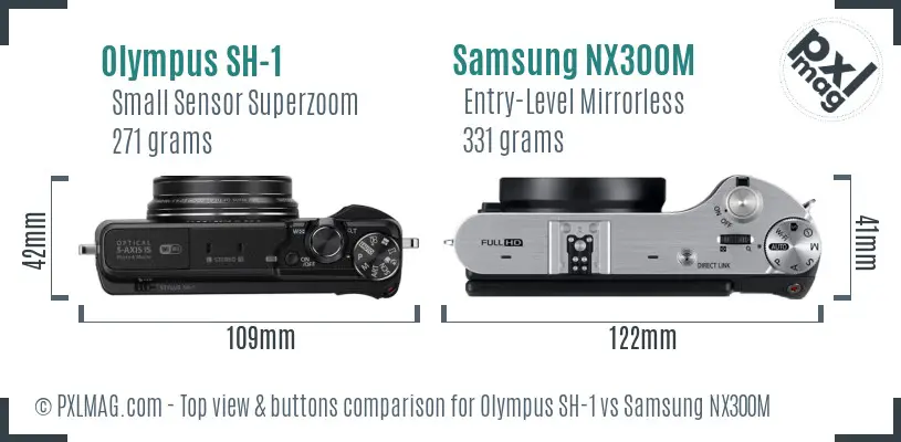 Olympus SH-1 vs Samsung NX300M top view buttons comparison