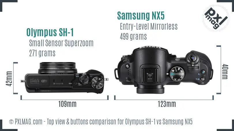 Olympus SH-1 vs Samsung NX5 top view buttons comparison