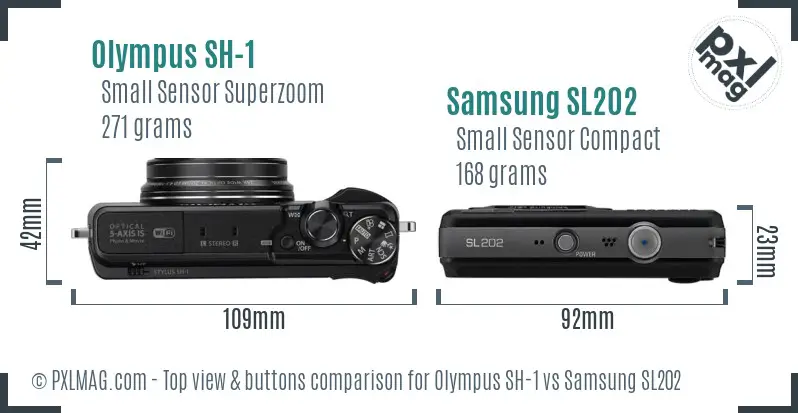 Olympus SH-1 vs Samsung SL202 top view buttons comparison