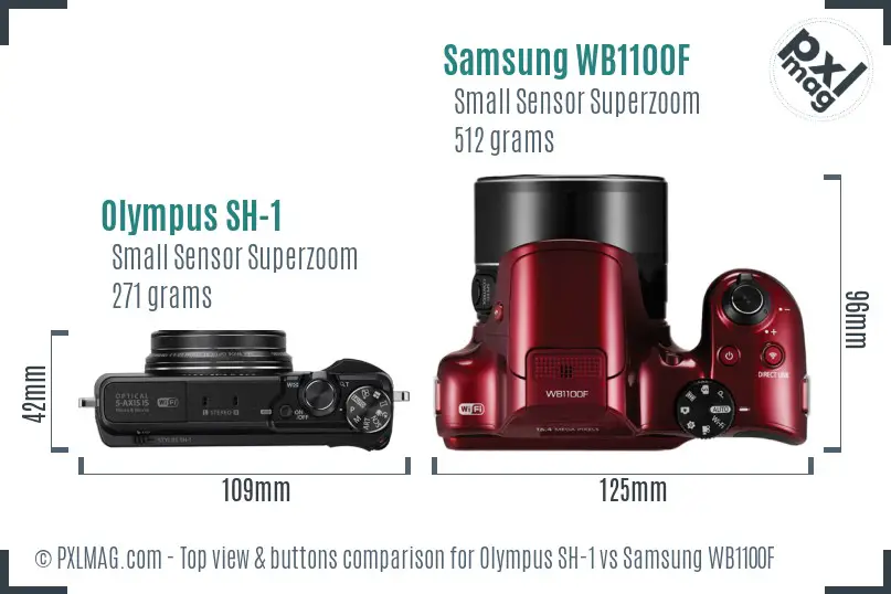 Olympus SH-1 vs Samsung WB1100F top view buttons comparison Olympus SH-1 vs Samsung WB1100F top view buttons comparison