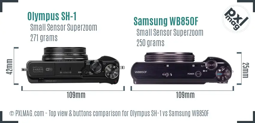 Olympus SH-1 vs Samsung WB850F top view buttons comparison Olympus SH-1 vs Samsung WB850F top view buttons comparison