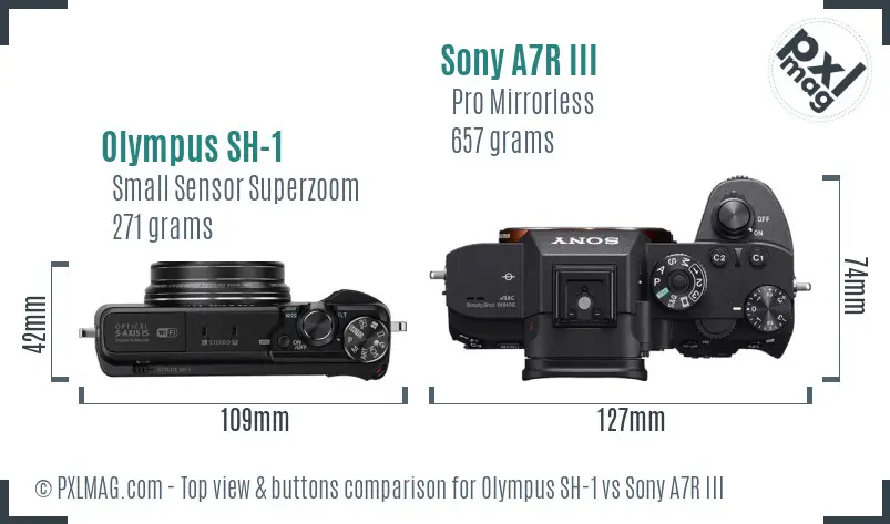 Olympus SH-1 vs Sony A7R III top view buttons comparison Olympus SH-1 vs Sony A7R III top view buttons comparison