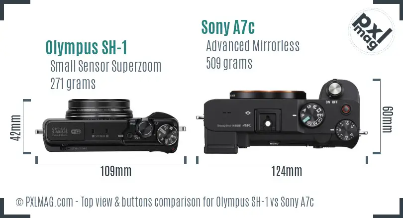 Olympus SH-1 vs Sony A7c top view buttons comparison