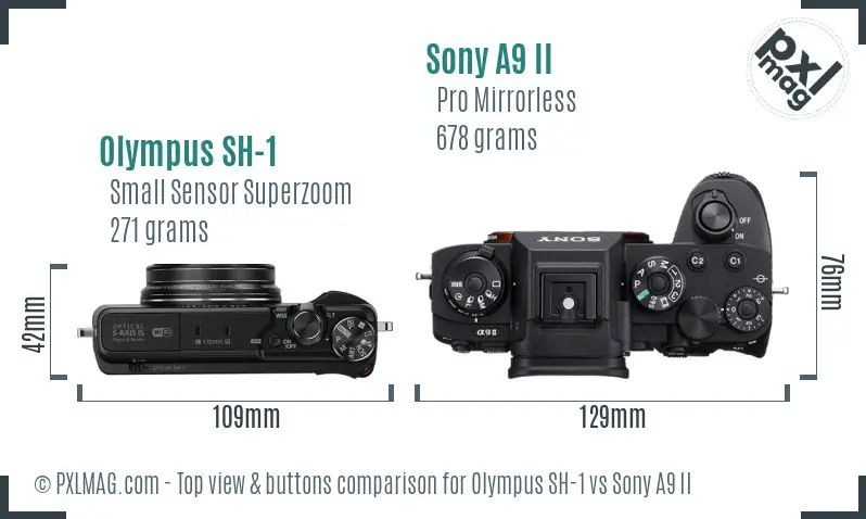Olympus SH-1 vs Sony A9 II top view buttons comparison Olympus SH-1 vs Sony A9 II top view buttons comparison