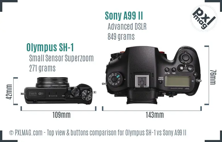 Olympus SH-1 vs Sony A99 II top view buttons comparison